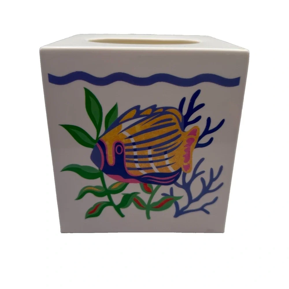Vintage 90's White Plastic Tissue Box Cover Fish Tropical Angelfish Coral Reef